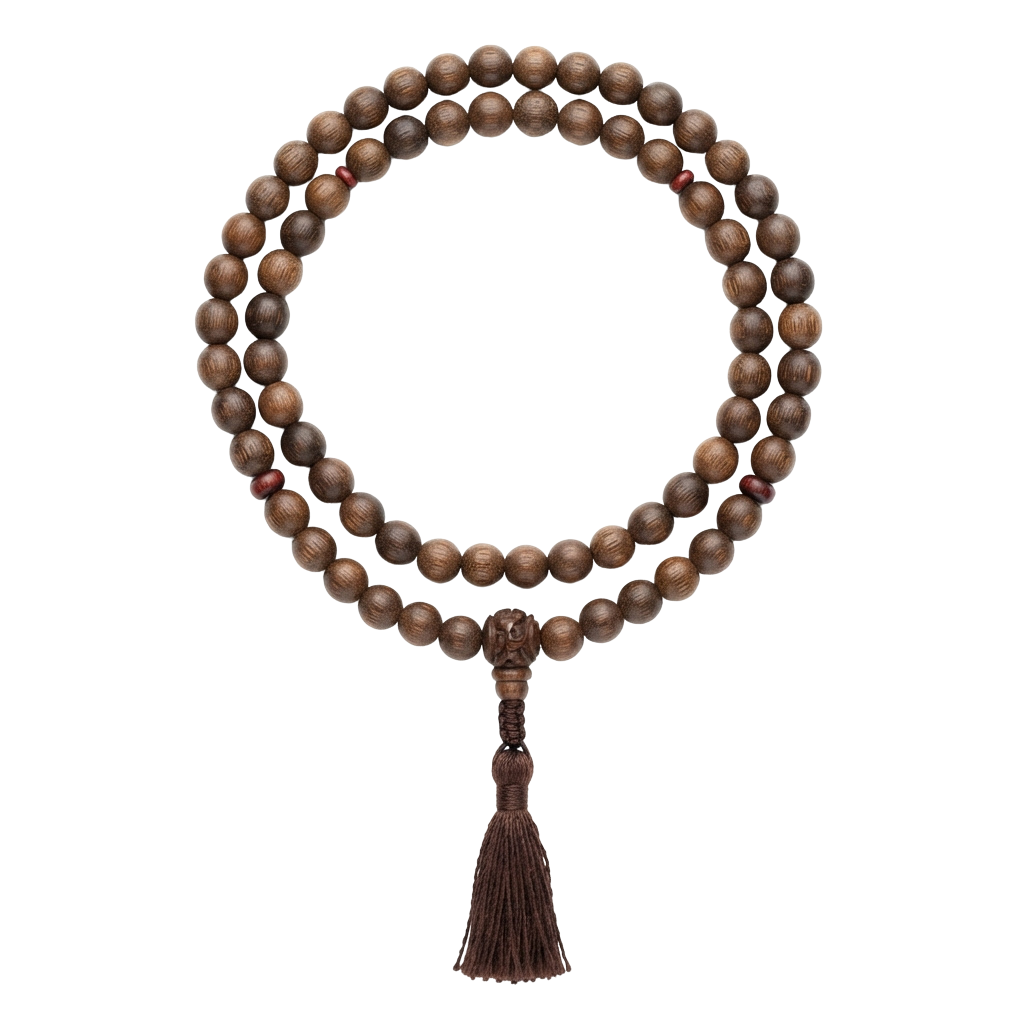 Two-strand wooden mala beads with a tassel hanging from the bottom, used for meditation and prayer.
