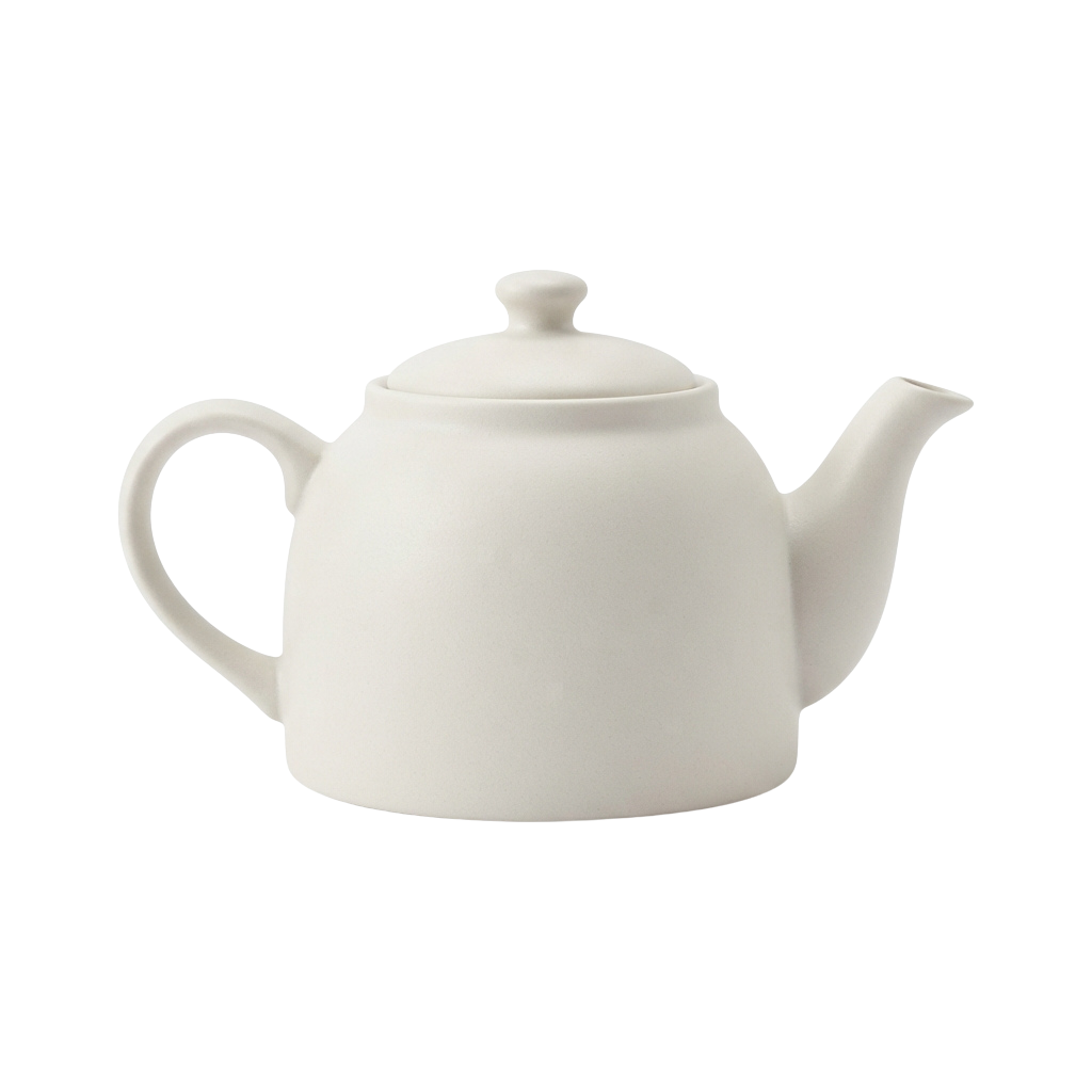 A white ceramic teapot with a lid and a single handle on the side