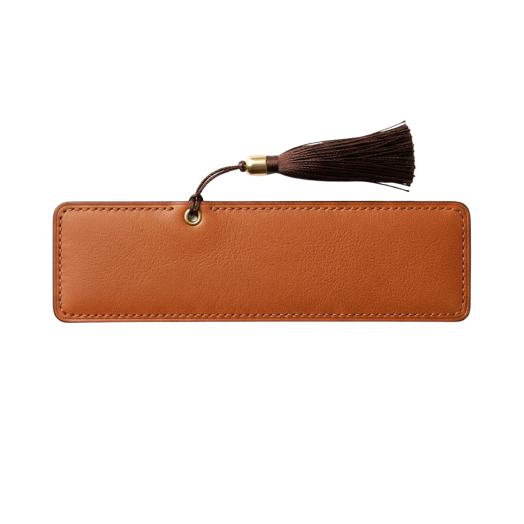 A brown leather bookmark with a decorative tassel attached by a brass ring