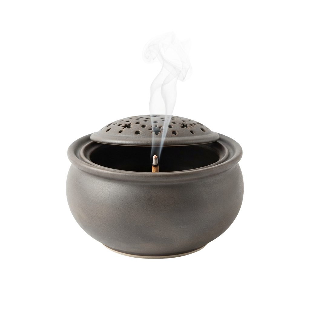 Gray ceramic incense burner emitting white smoke from a lit incense stick