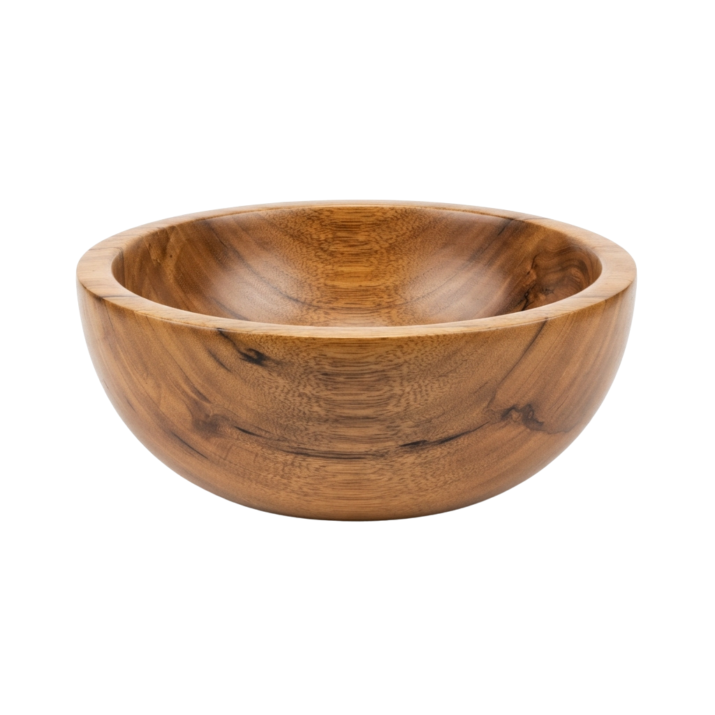 A wooden bowl with visible spiral grain patterns and smooth edges