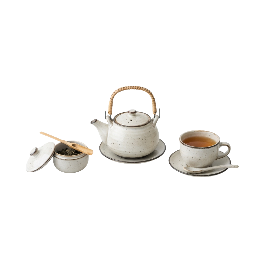 Ceramic tea set including a kettle with a bamboo handle, a small tea container with a wooden spoon, and a cup with saucer filled with tea.