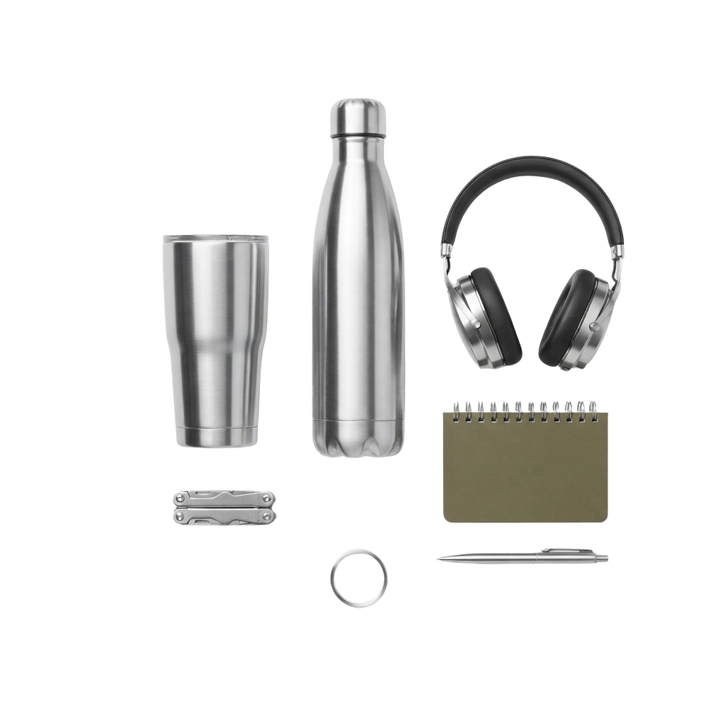 Collection of travel items including a water bottle, tumbler, multi-tool, ring, notebook, pen, and over-ear headphones