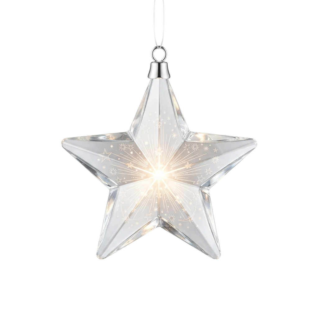 A glowing star-shaped hanging light decoration with embedded LED lights and a metallic loop at the top