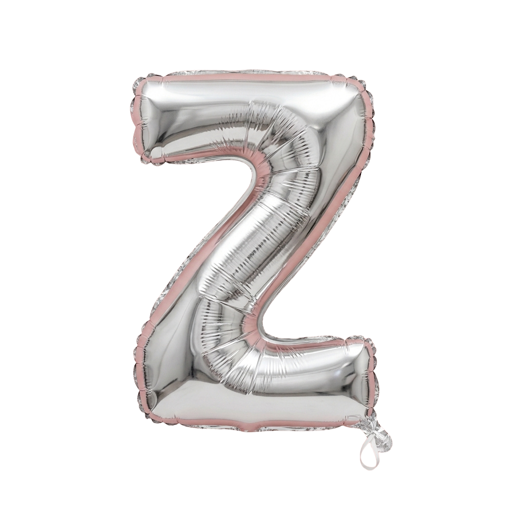 A shiny silver foil balloon shaped like the number 2 with pink edges