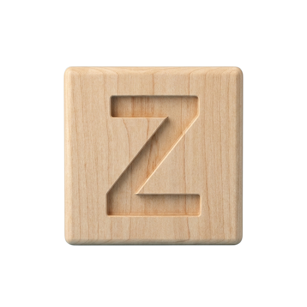 A carved wooden block with a hollow letter Z on a dark background