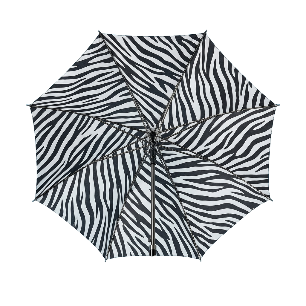 Octagonal umbrella with black and white zebra print stripes open against a dark background