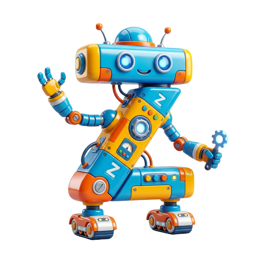 A cheerful cartoon robot waving with a gear in its right hand and a smiling face
