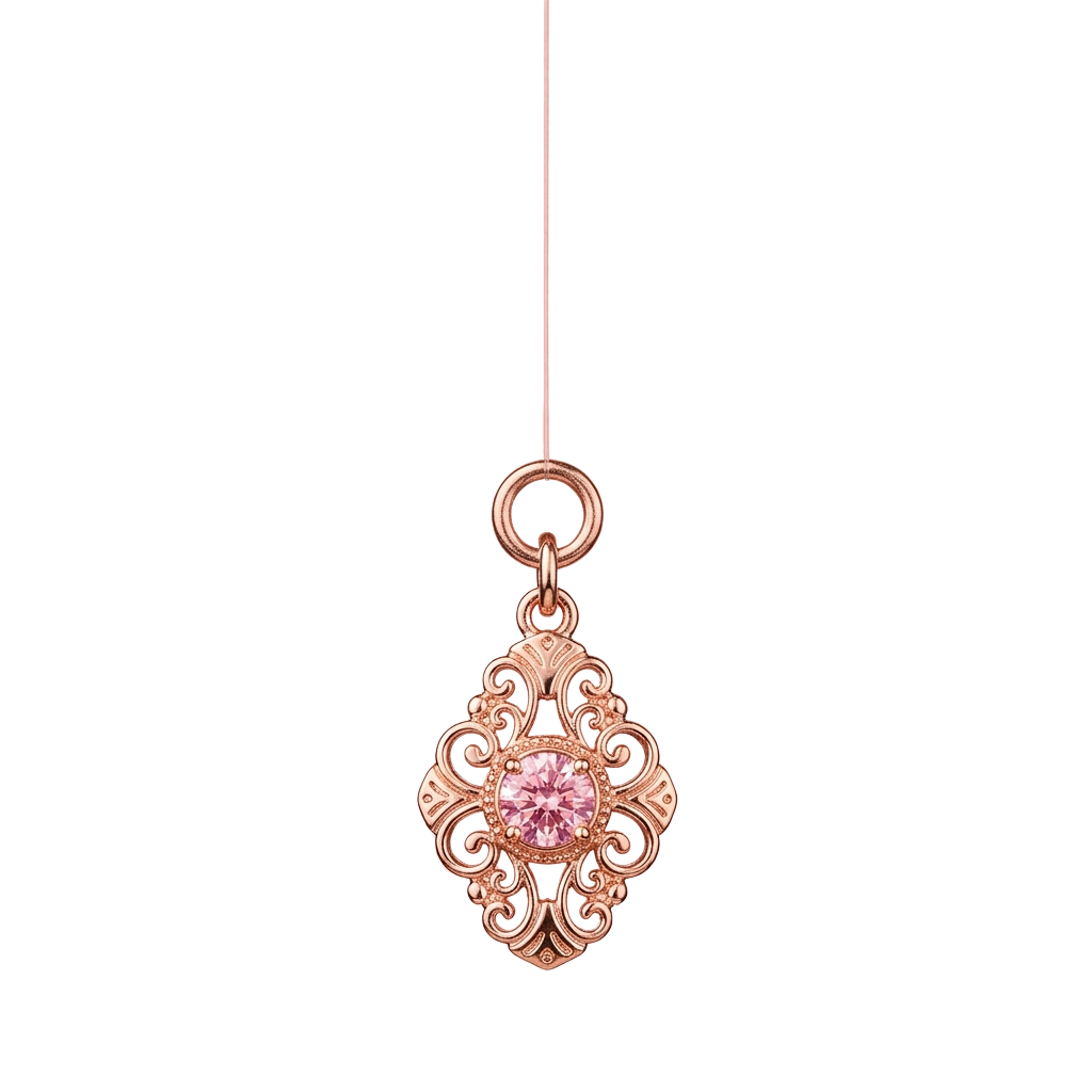 A rose gold pendant necklace featuring an ornate design and a pink gemstone in the center