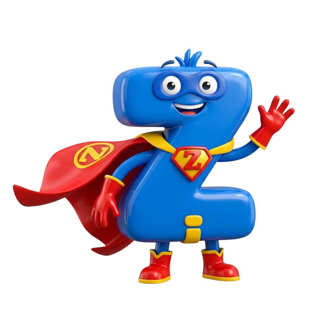 A cheerful cartoon superhero character with a red cape and yellow belt waving one hand