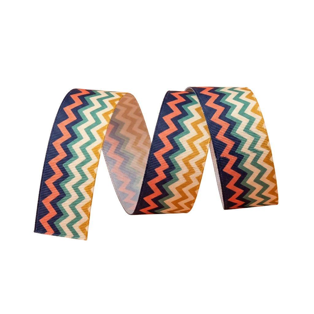 A bow tie made of fabric with a vibrant zigzag chevron pattern in multiple colors