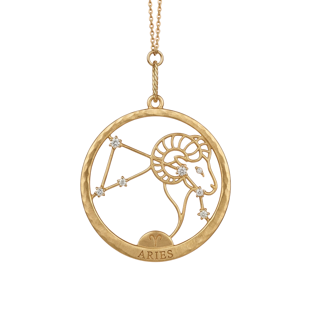 Gold Aries zodiac pendant featuring a ram symbol, constellation lines, and small diamonds on a gold chain
