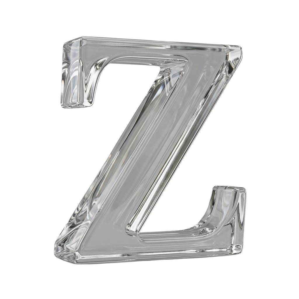 A clear glass letter Z with a glossy, reflective surface against a black background