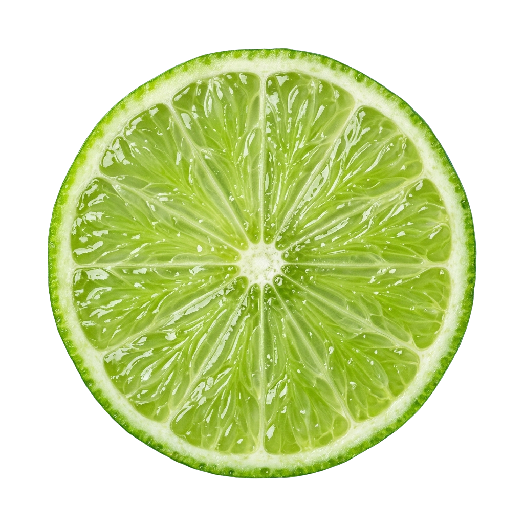 A close-up image of a lime cut in half, showing bright green segments and white pith.
