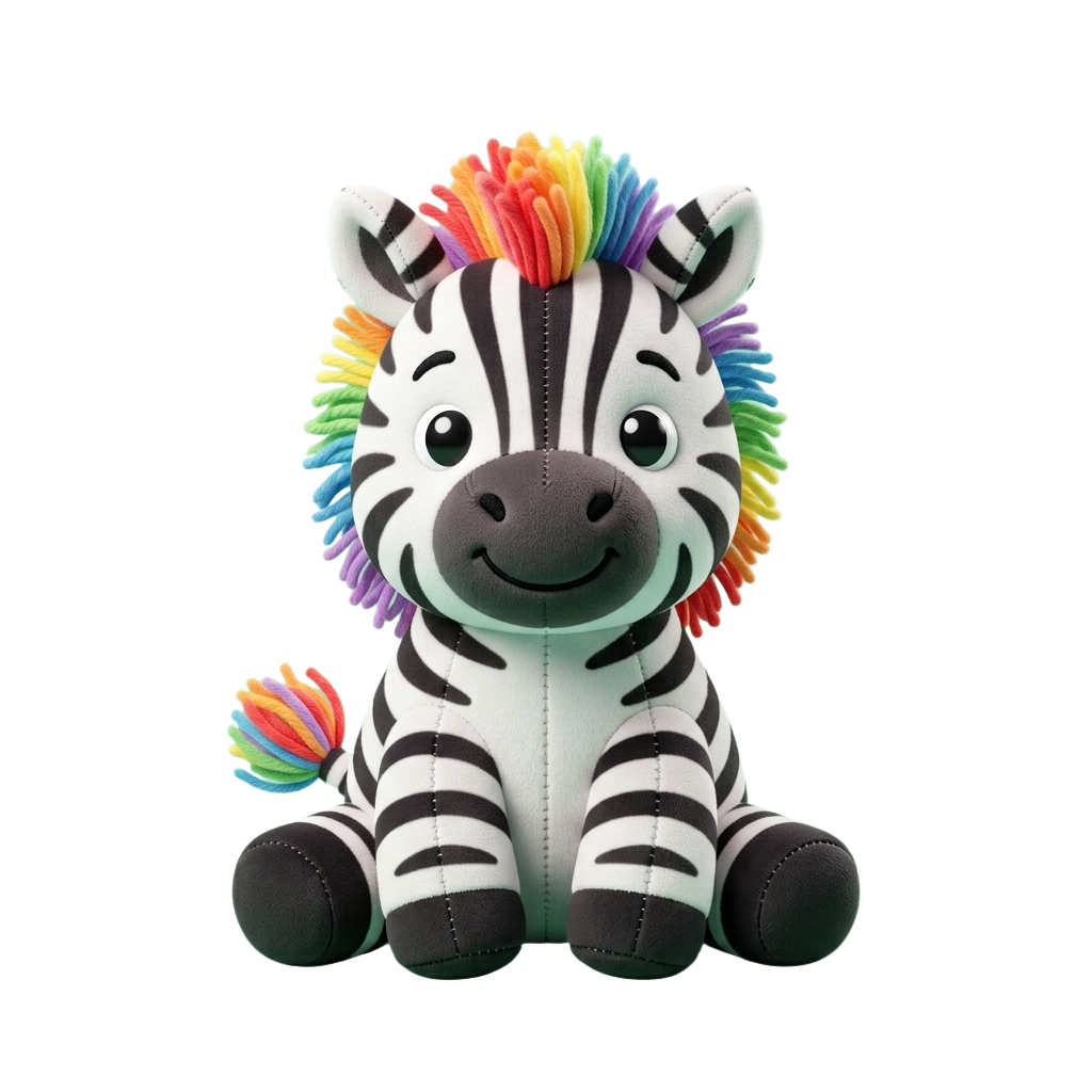 A smiling zebra plush toy with a colorful rainbow mane and tail sitting upright