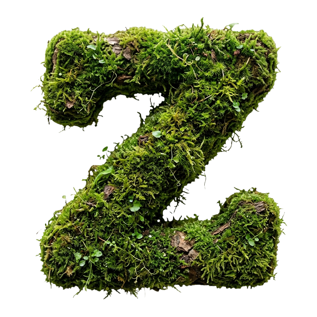 A moss-covered wooden letter S forming a textured, green, natural design against a black background