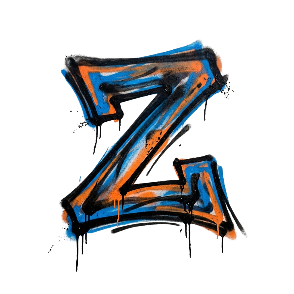 A stylized graffiti letter Z with blue and orange paint splatters and dripping effects on a black background