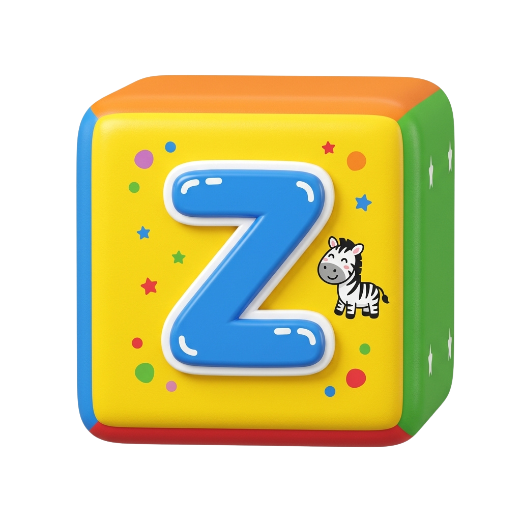 Bright yellow block with a large blue letter Z and a small zebra illustration surrounded by colorful stars and dots