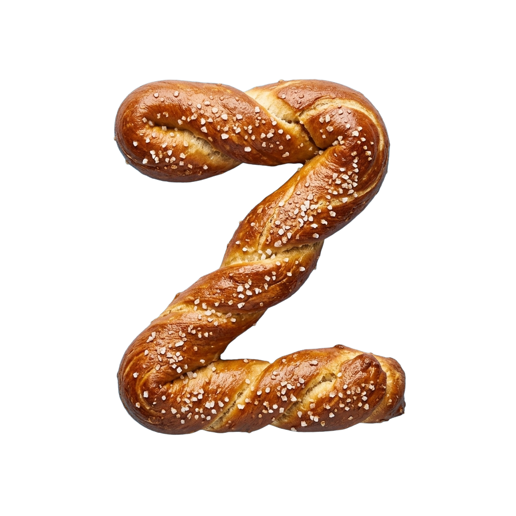 Golden brown twisted pretzel shaped like the number seven with salt crystals on top