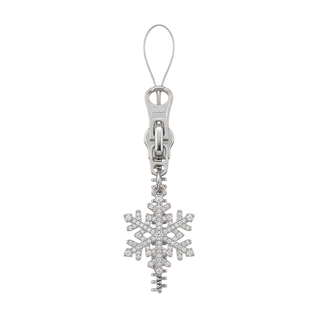 A silver zipper pull featuring a detailed snowflake design with small gemstones.