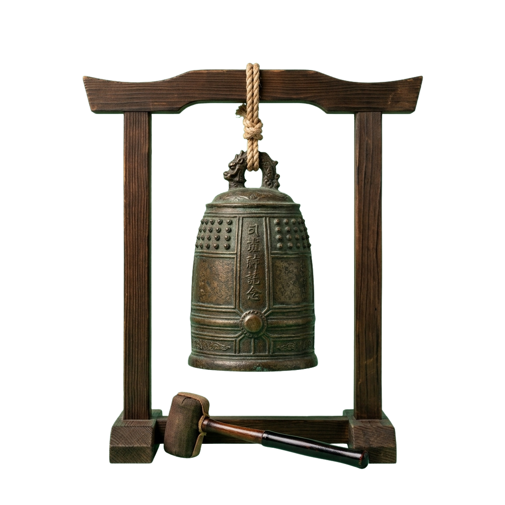 A large bronze temple bell hanging in a wooden frame with a mallet resting below.