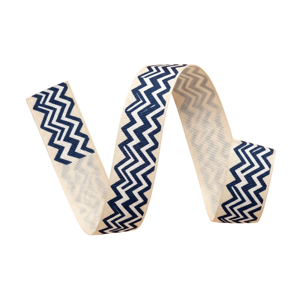A belt or tie with a white background and navy blue zigzag beaded pattern.