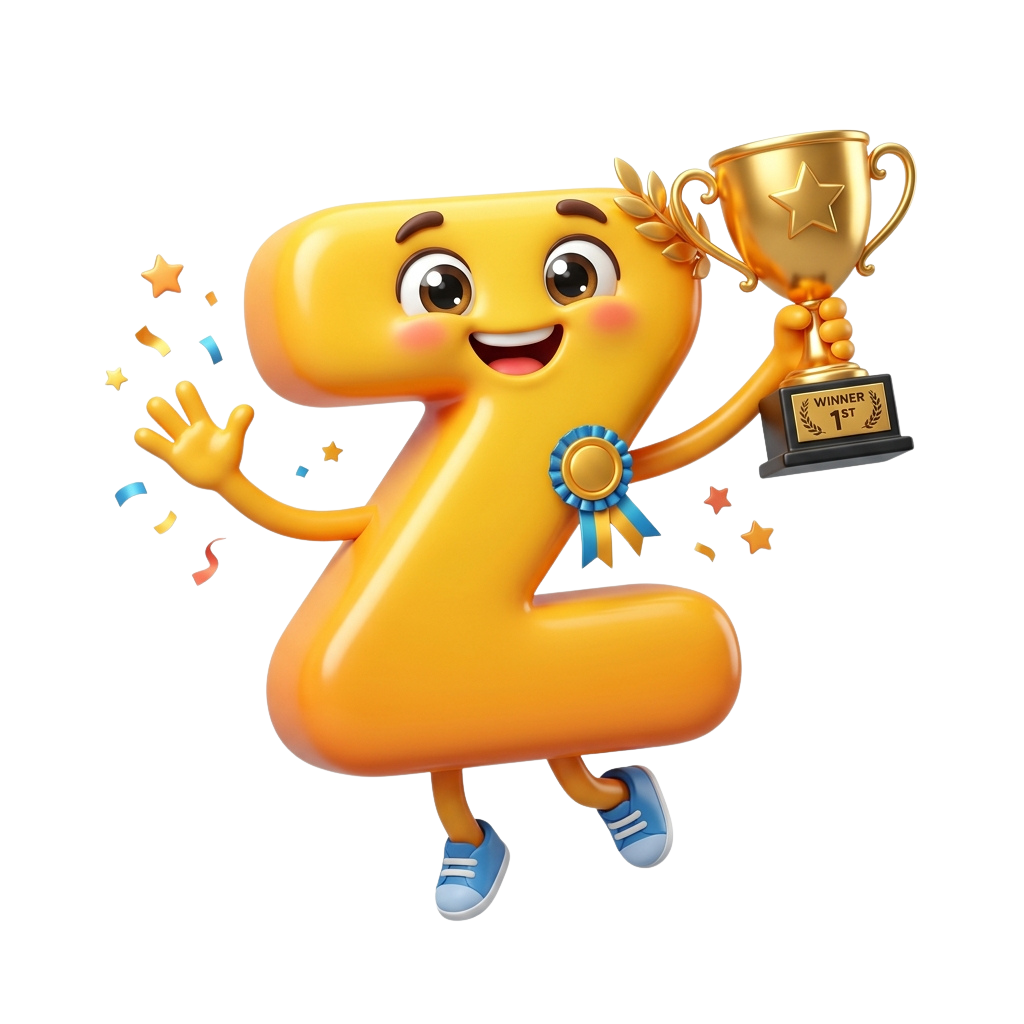 Animated emoji figure celebrating with a trophy and medal, smiling and waving arms