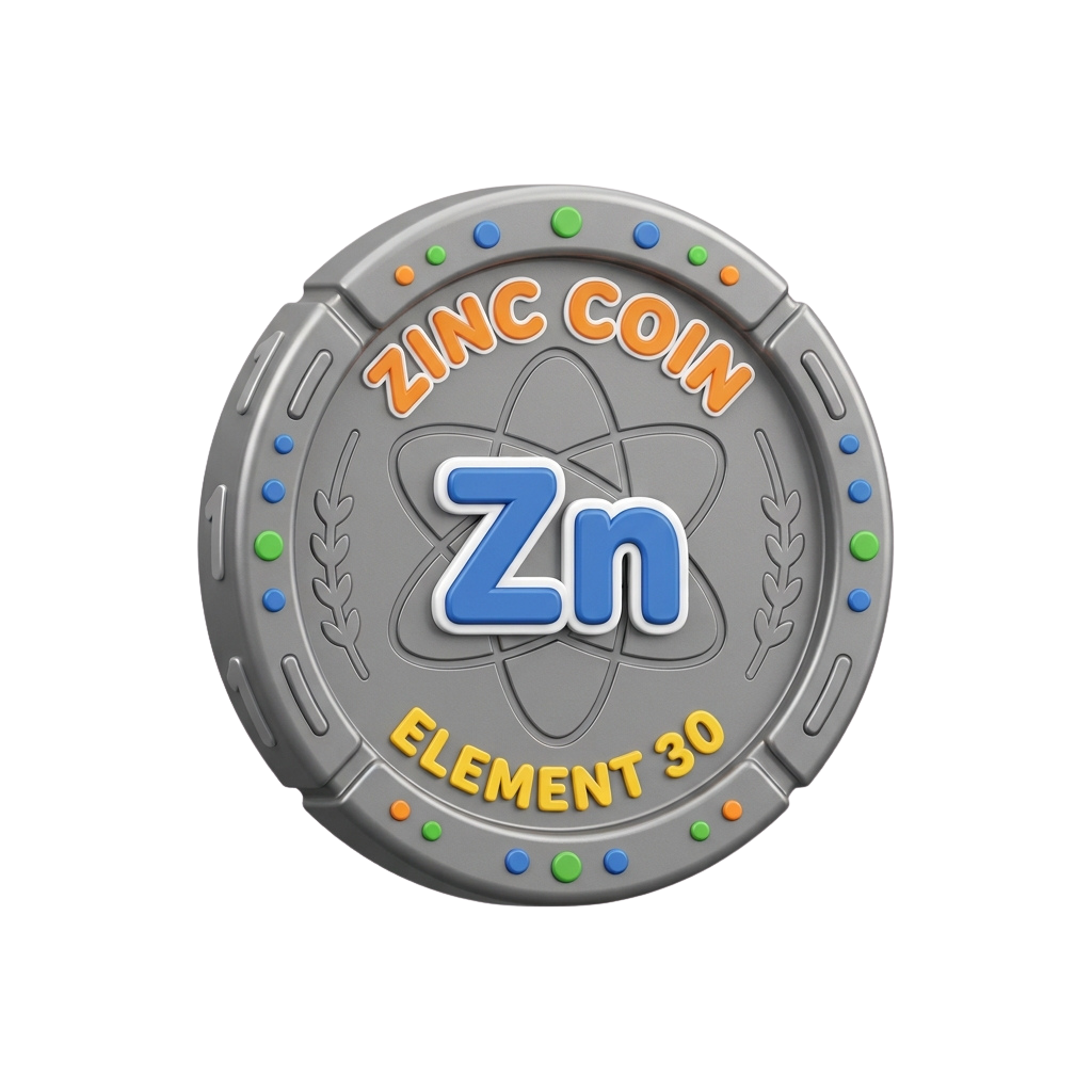 A stylized coin featuring the symbol Zn, an atomic design, and the text Zinc Coin Element 30