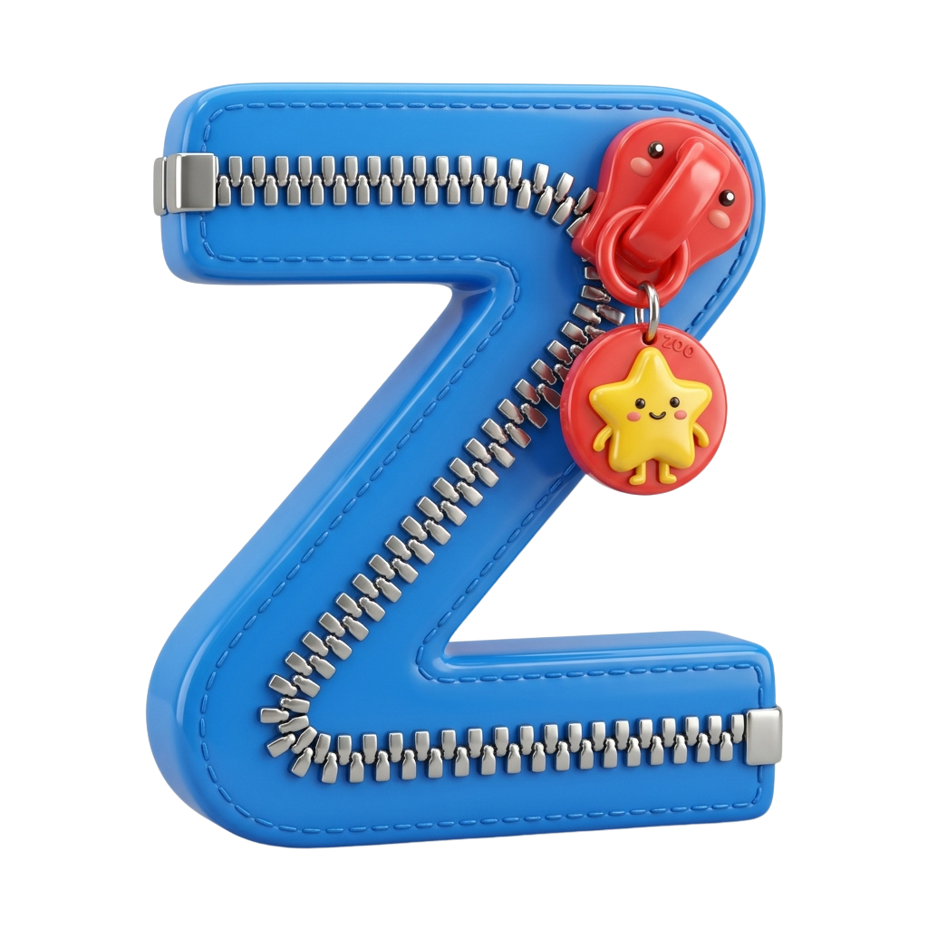 A large blue letter Z with a zipper running vertically, adorned with two colorful keychains featuring a star and an elephant design