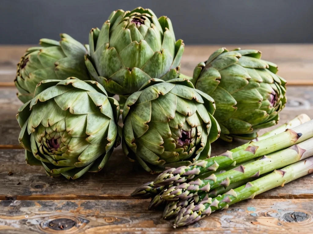Fresh Artichokes and Asparagus on Rustic Wood - Feature Image Jan 22