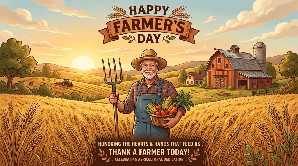 Happy Farmer's Day Celebration: Smiling Agriculturist in Golden Field with Harvest - Feature Imagefeb 03