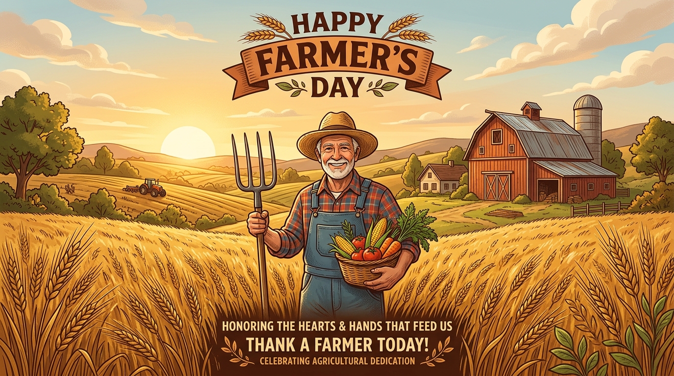 Happy Farmer's Day Celebration: Smiling Agriculturist in Golden Field with Harvest - Feature Imagefeb 03