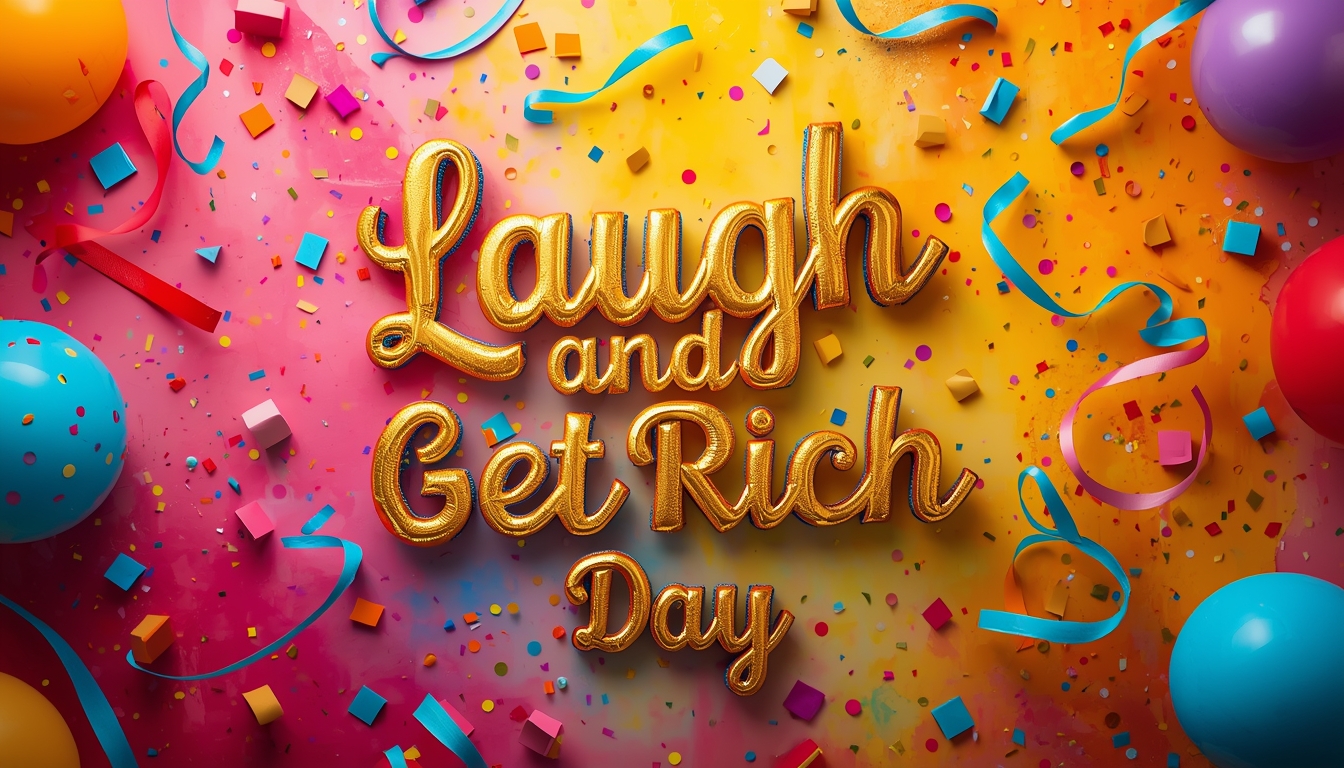 Festive "Laugh and Get Rich Day" Golden Text with Balloons, Confetti, and Vibrant Background - Feature Imagefeb 08