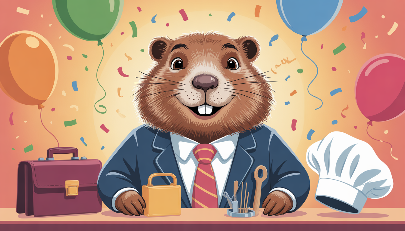 Cartoon Gopher in Business Suit, Chef Hat, Briefcase with Balloons & Confetti - Feature Imagefeb 02 1