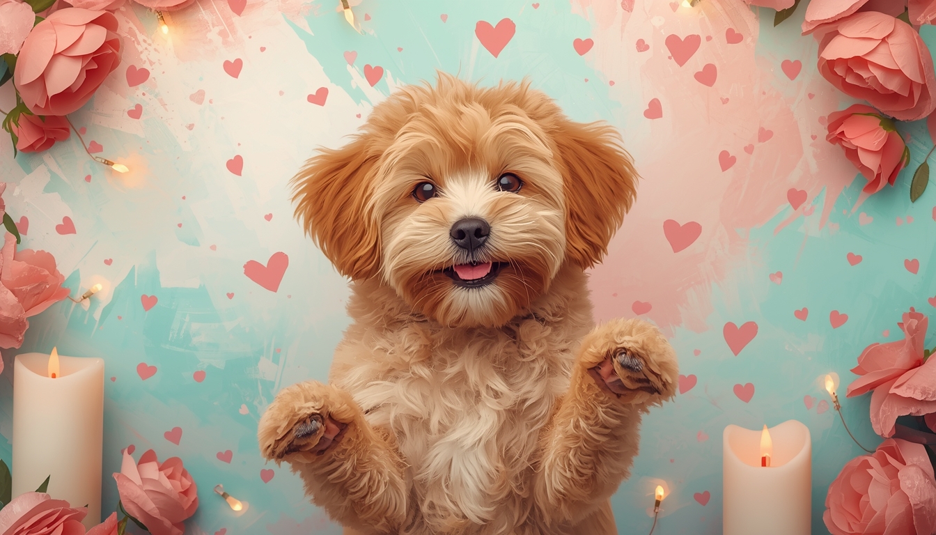Happy Small Dog with Raised Paws, Surrounded by Hearts, Pink Flowers, and Glowing Candles on a Pastel Background - Feature Imagefeb03 1