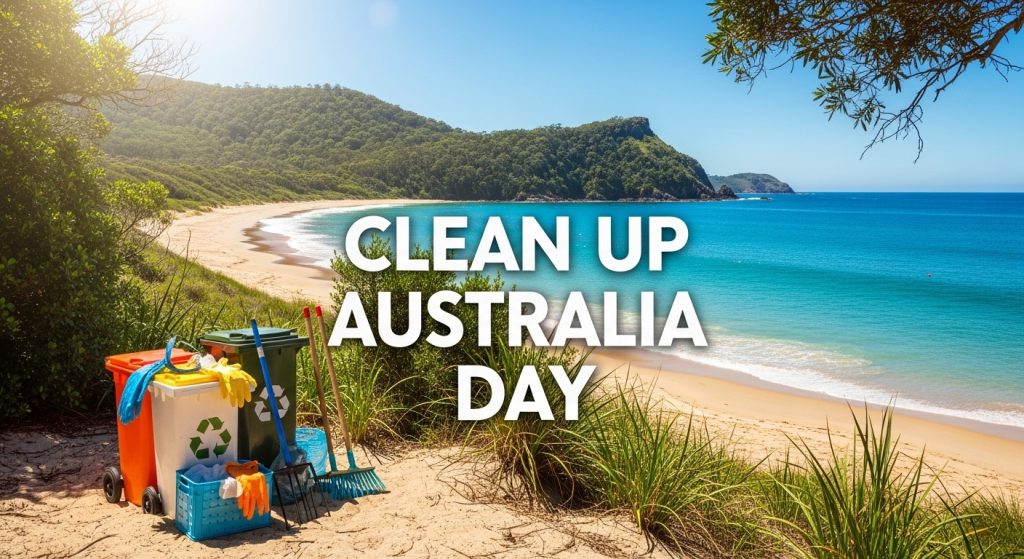 Clean Up Australia Day on Sunny Beach with Recycling Bins and Cleaning Tools - Featured Image 03