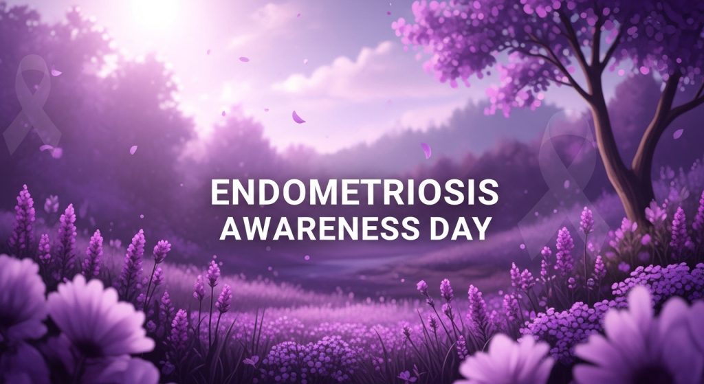 Endometriosis Awareness Day: Purple Floral Landscape with Ribbons and Falling Petals - Featured Image 04