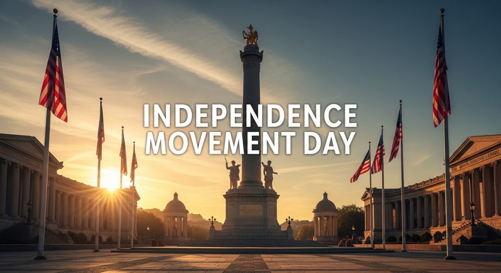 Independence Movement Day Text Over Grand Monument and American Flags at Dawn - Featured Image 06