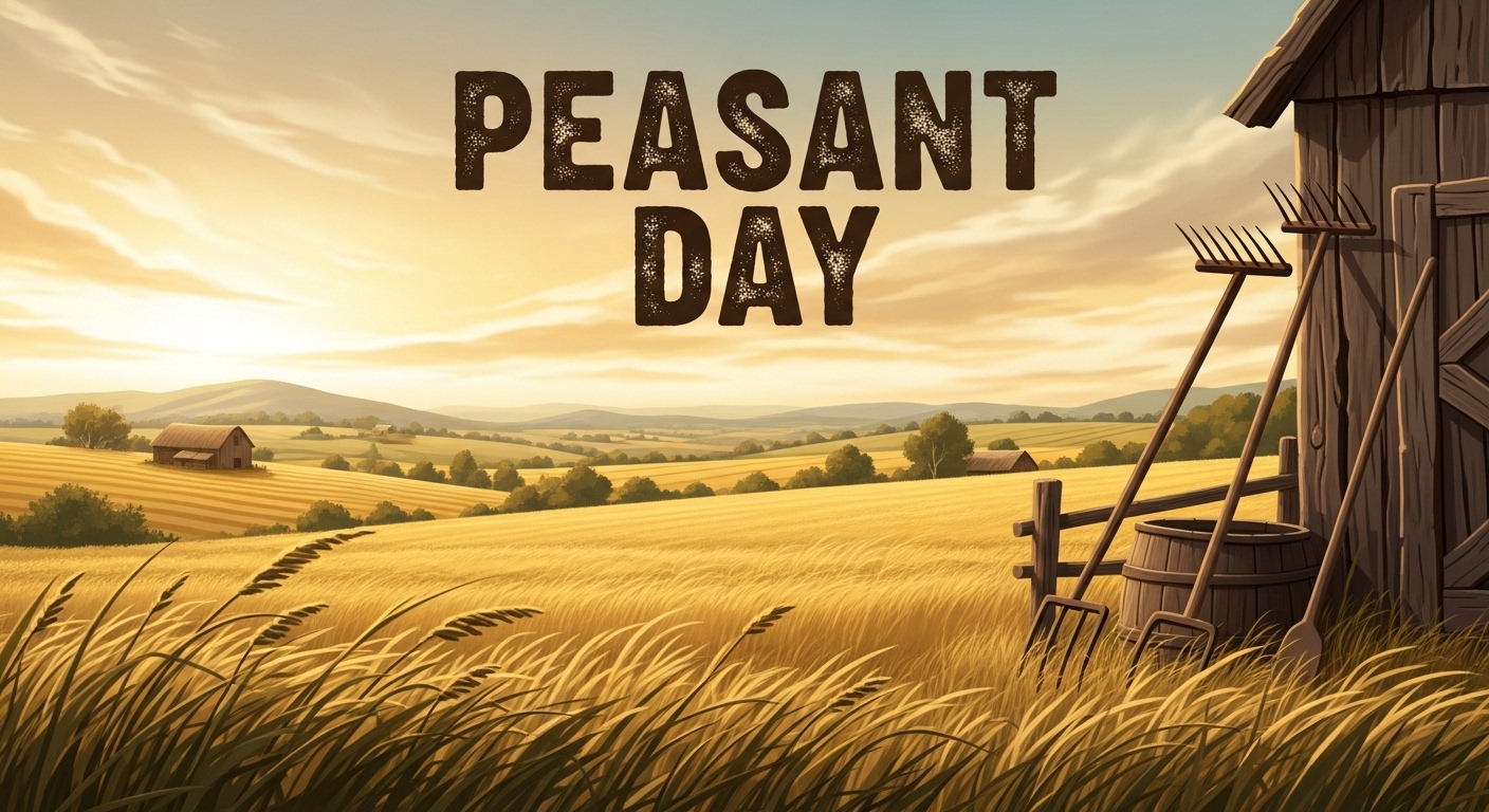Peasant Day: Golden Hour Farming Scene with Rustic Barn, Cultivation Tools, and Wheat Fields - Featured Image 103