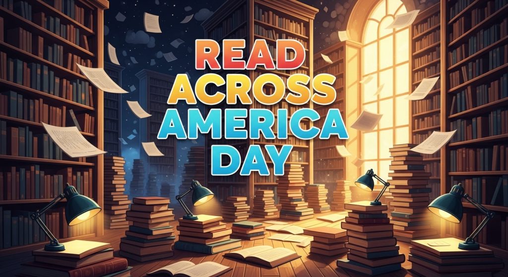 Read Across America Day in a vibrant library, celebrating reading with books, floating pages, and warm light. - Featured Image 104