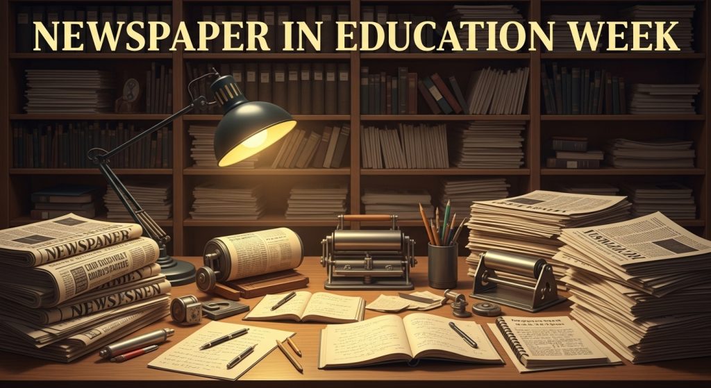 Newspaper & Education Theme: Study Desk with Books, Vintage Tools, and Publications - Featured Image 114