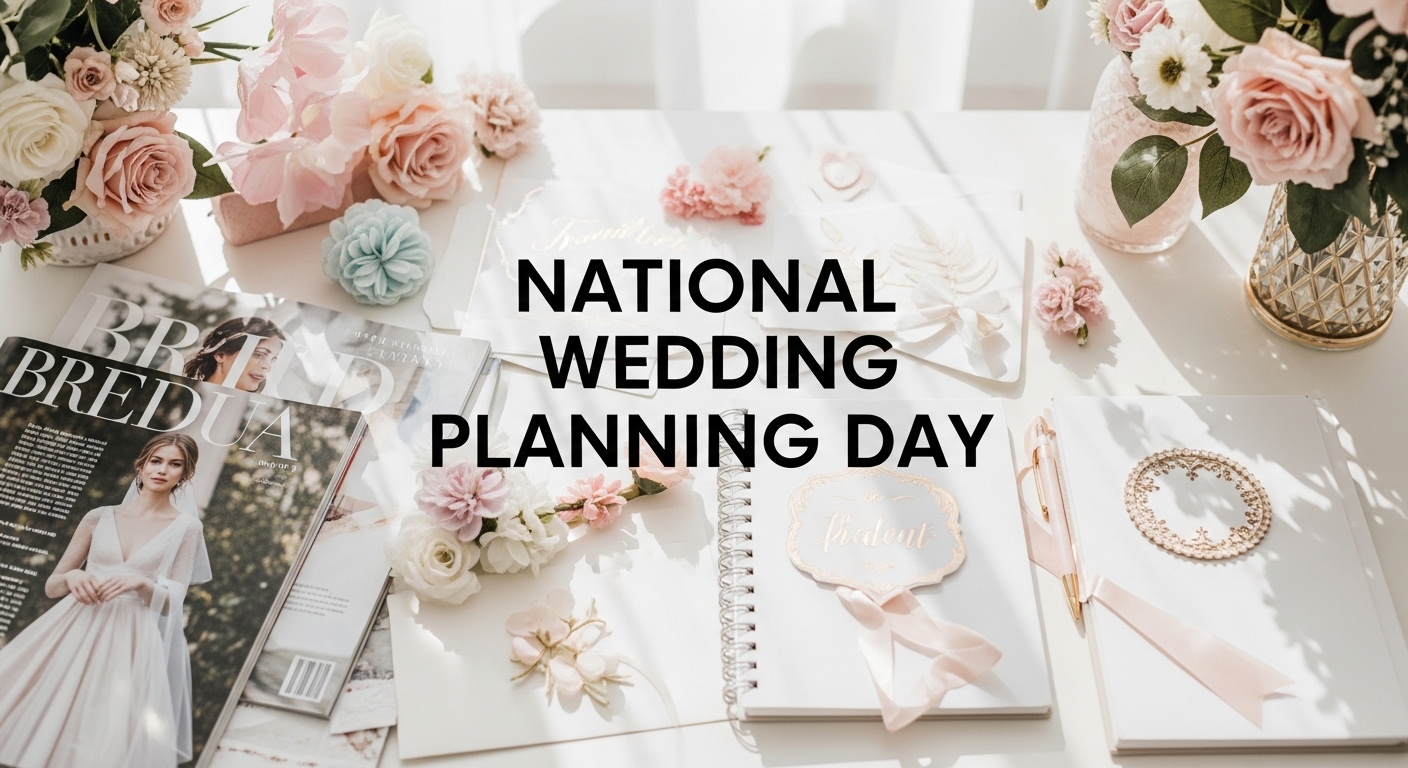 National Wedding Planning Day Desk Setup with Magazines, Notebooks & Pink Flowers - Featured Image 15