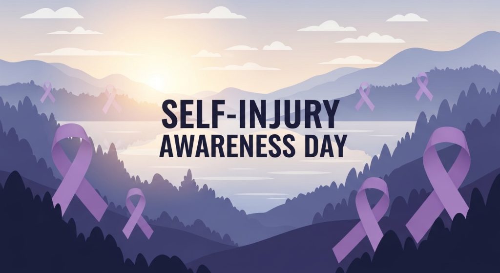 Self-Injury Awareness Day Banner with Purple Ribbons and Mountain Landscape - Featured Image 21