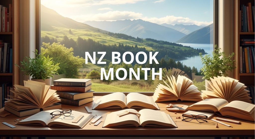 NZ Book Month - Reading on a desk with books, glasses, and a stunning New Zealand landscape. - Featured Image 85
