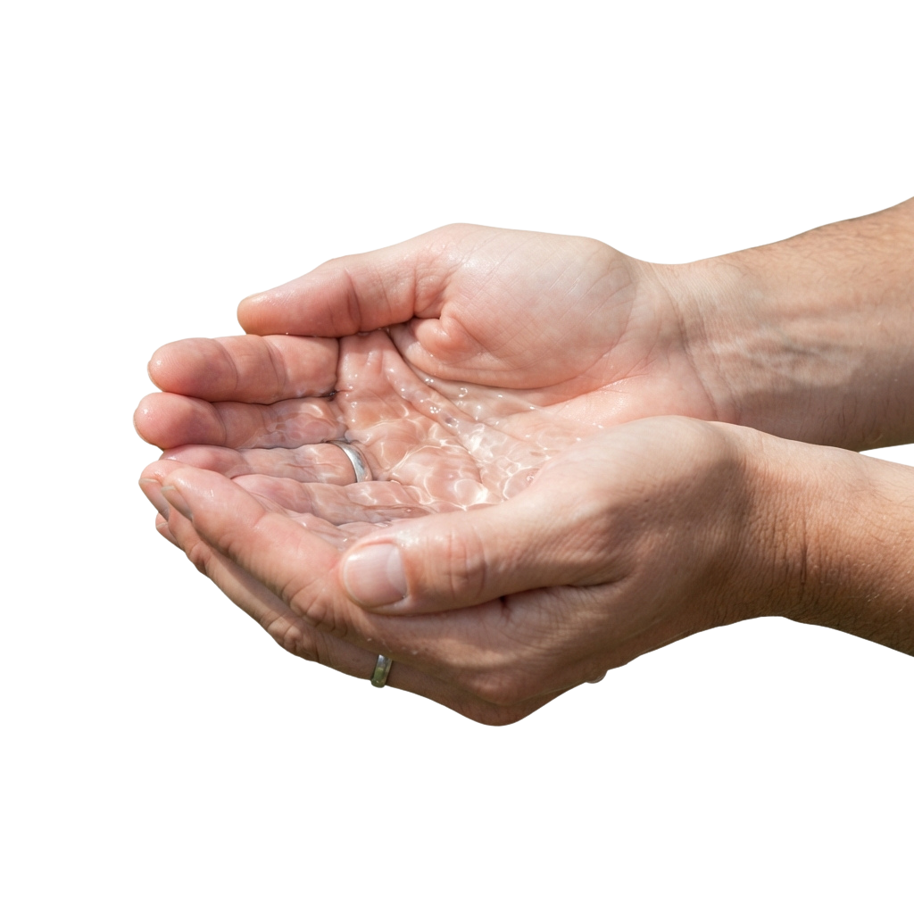 Two hands cupping clear water droplets against a dark background