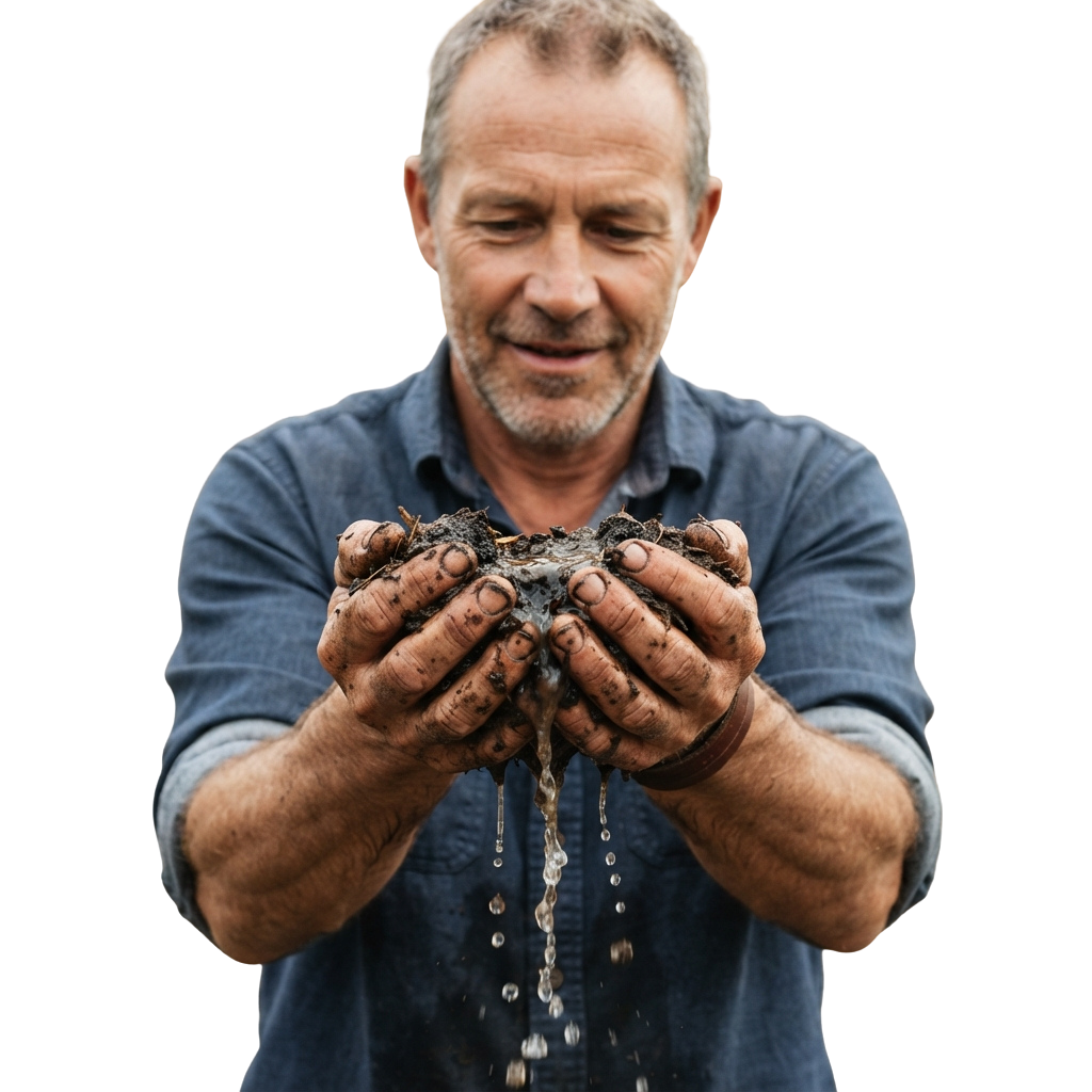 A man holding soil in his hands with water dripping through it, showing soil texture and water absorption.