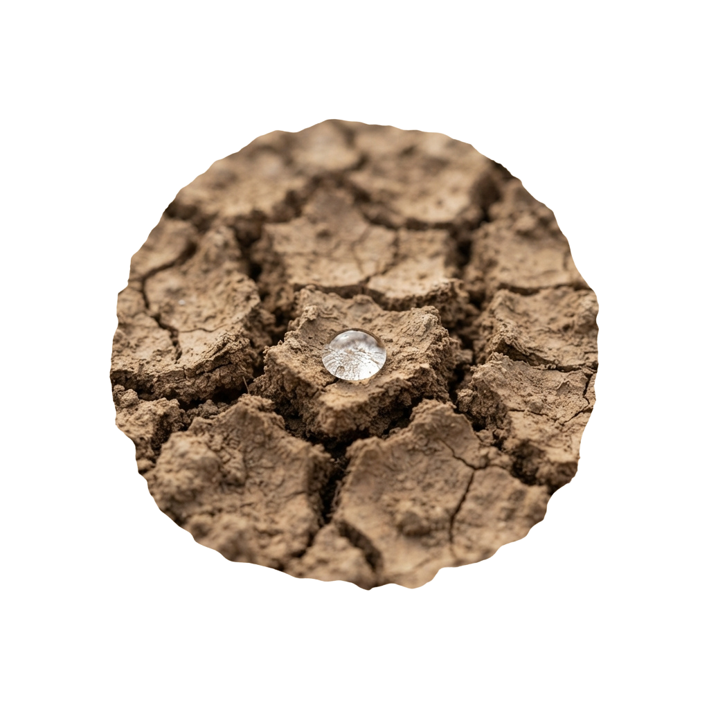 A close-up image of dry, cracked earth with a small metallic object embedded in the center.