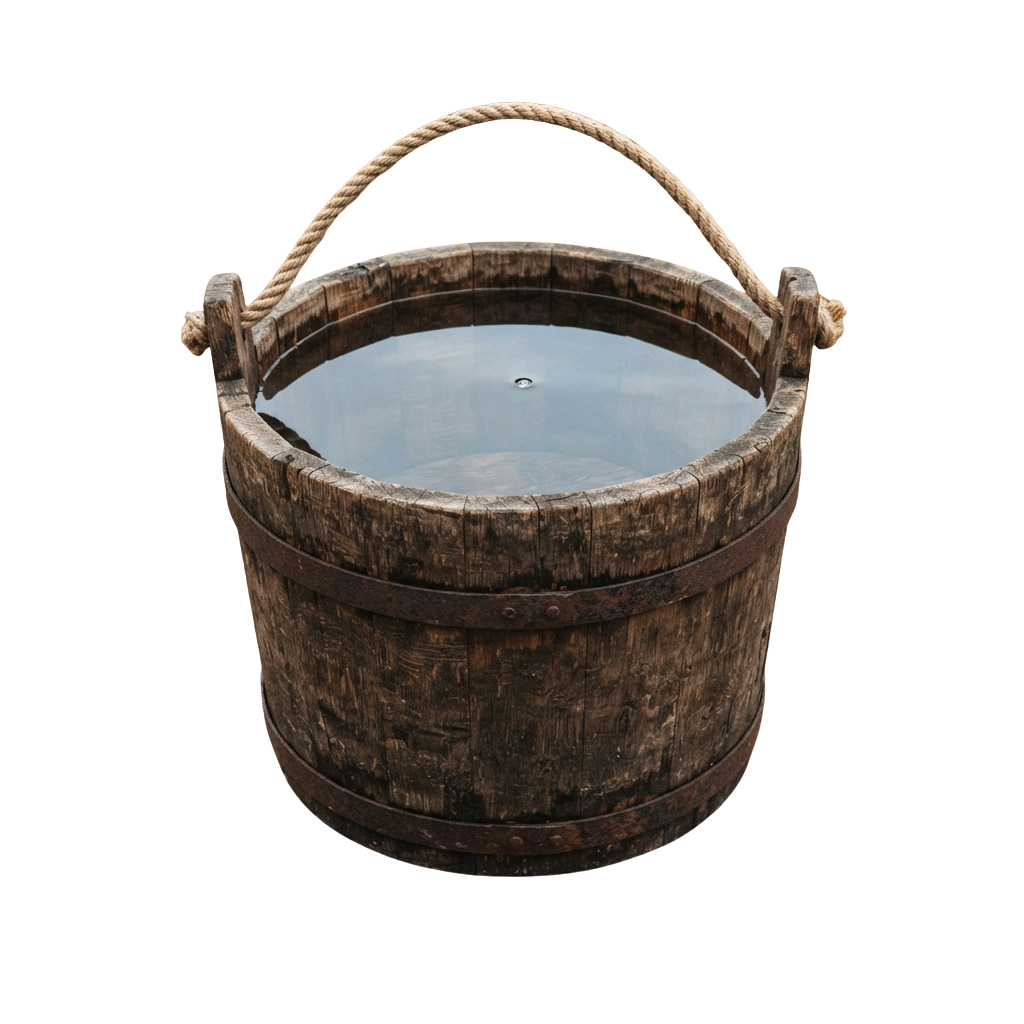 A rustic wooden bucket filled with water, featuring two rope handles for carrying
