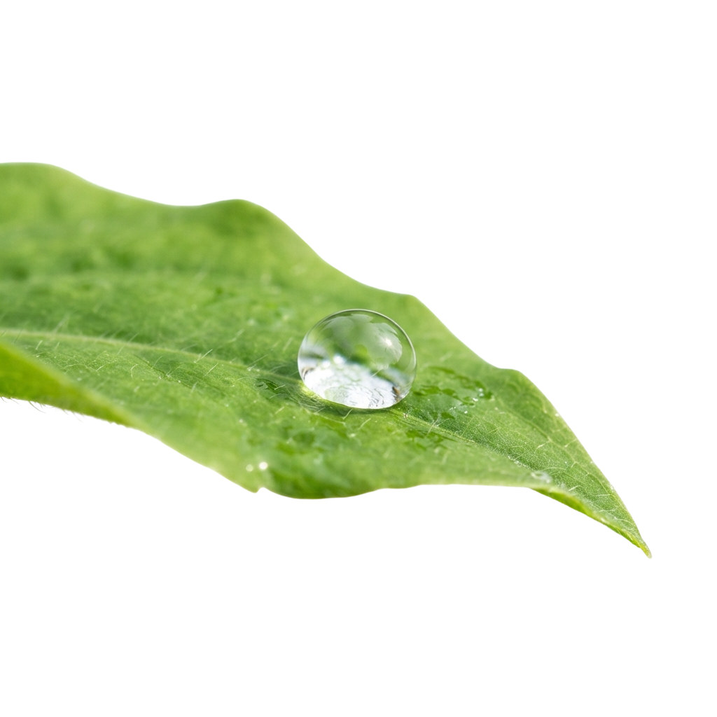A close-up of a water droplet resting on a green leaf