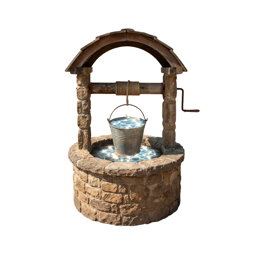 A rustic stone well with a wooden frame and a metal bucket hanging over clear water